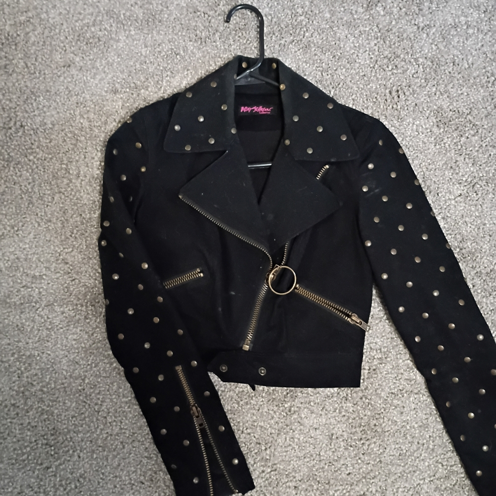 Betsey Johnson Black Studded Cropped Moto Jacket with Gold Hardware